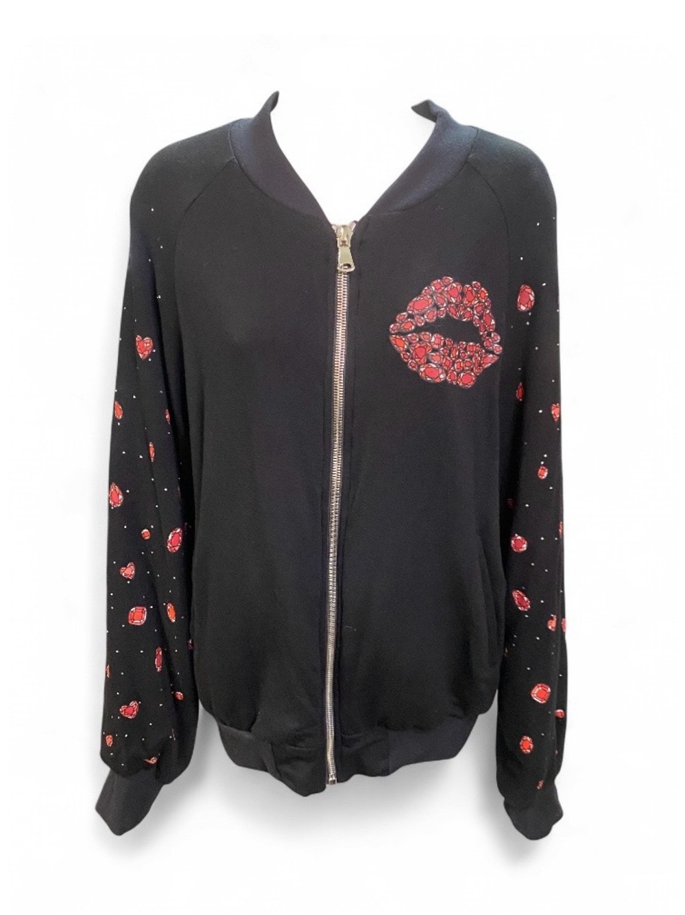 Lauren Moshi Black Bomber Jacket with Red Lip Applique